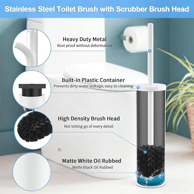 Stainless Steel Toilet Brush and Holder Set Brushed Silver Heavy Duty Toilet Bowl Brush with Long Handle for Bathroom and Farmhouse (White)