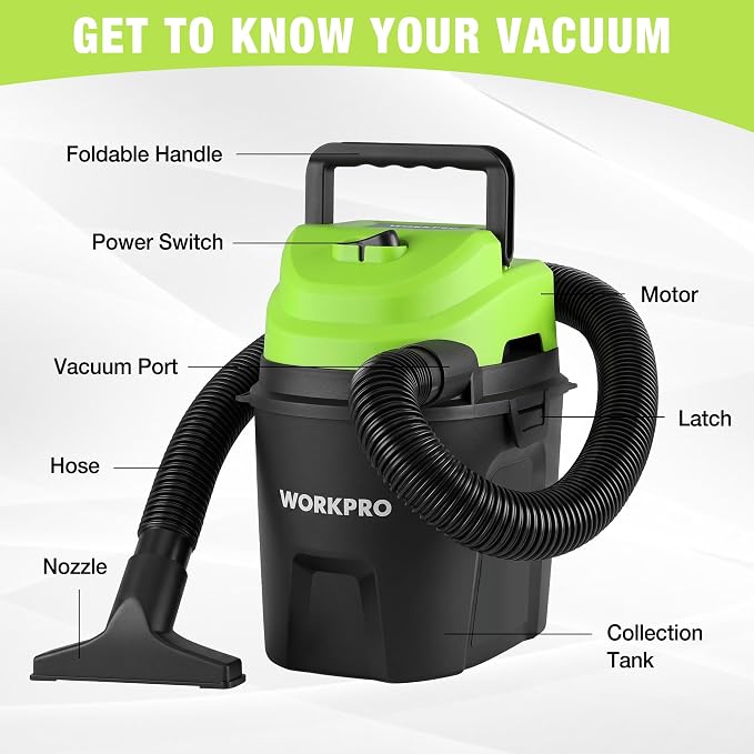 WORKPRO 1.5 Gallon Wet Dry Vacuum Cleaner, 2.5 Peak HP Portable Shop Vacuum with Powerful Suction, Lightweight Wet/Dry Vac for Car, Garage & Home Cleaning, Wall-Mount Storage