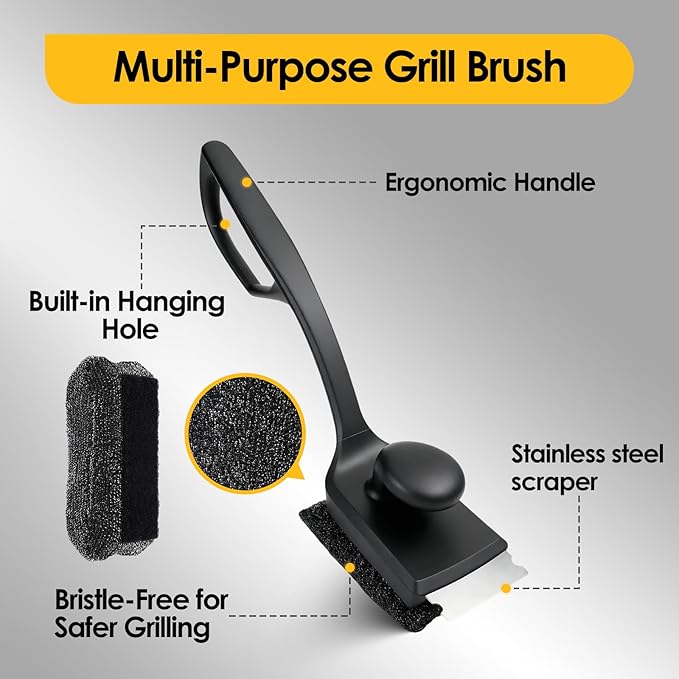 Grill Brush with 3 Detachable Brush Heads & Collapsible Water Cup – Bristle-Free BBQ Cleaner with Scraper, Safe for Cast Iron/Stainless Steel/Non-Stick Grates, 2 Extra Replacement Brushes Included