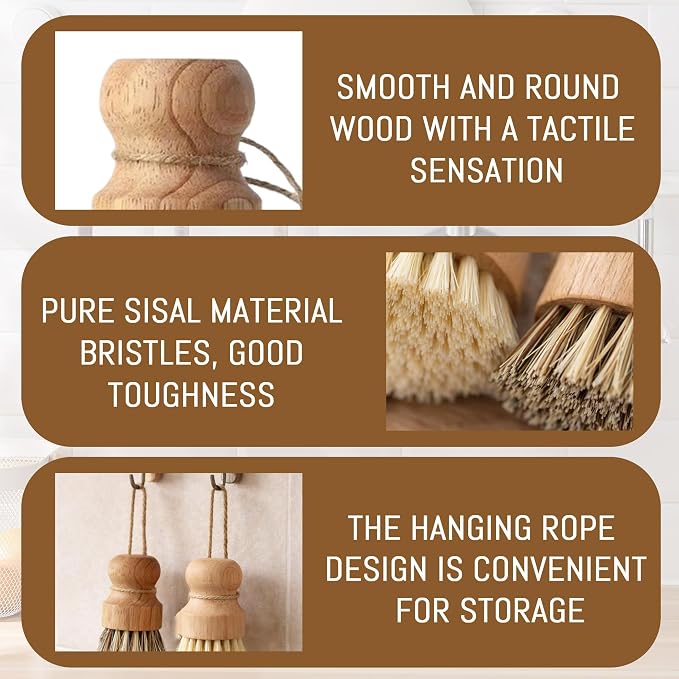 12 Pcs Bamboo Dish Brush Set, Palm Wooden and Sisal Bristles Dish Scrubber, Dish Brushes with Lanyard, Durable Wood Dishes Scrub, Natural Round Vegetable Cleaning Pots Pans Sink Washing Kitchen Brush