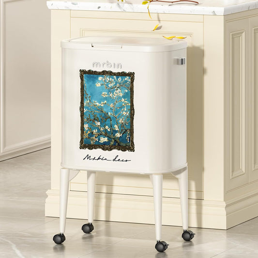 MRBIN Metal Kitchen Trash Can with Wheel Legs, 36L / 9.5gal Medium Press Lid Slim Removable Waste Basket, Pet Proof Tall Narrow Garbage Pail for Vanity, Bedroom, Bathroom, Living Room, Almond Blossom