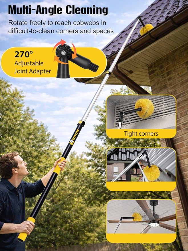 5-12Ft Telescoping Cobweb Duster with Extension Pole, 25Ft High Reach Lightweight Aluminum Duster, 2 Washable Replaceable Spider Web Brush Heads, 270° Swivel Joint for Indoor Outdoor Ceilings/Garage