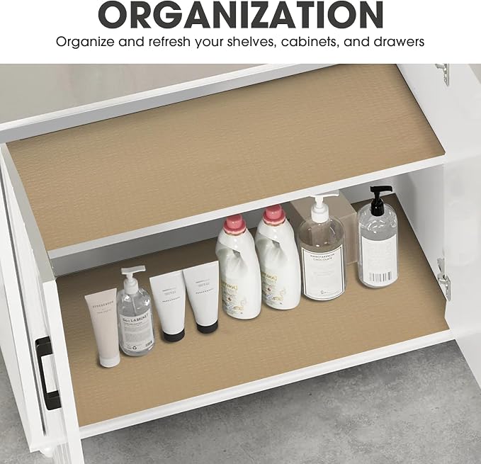 Drawer and Shelf Liner, Non-Slip Kitchen Cabinet Liners Non-Adhesive Thick Strong Grip Waterproof Washable Mats Protect Dresser Shelves Cupboard Bathroom Cabinets, Beige, 12 in X 30 FT