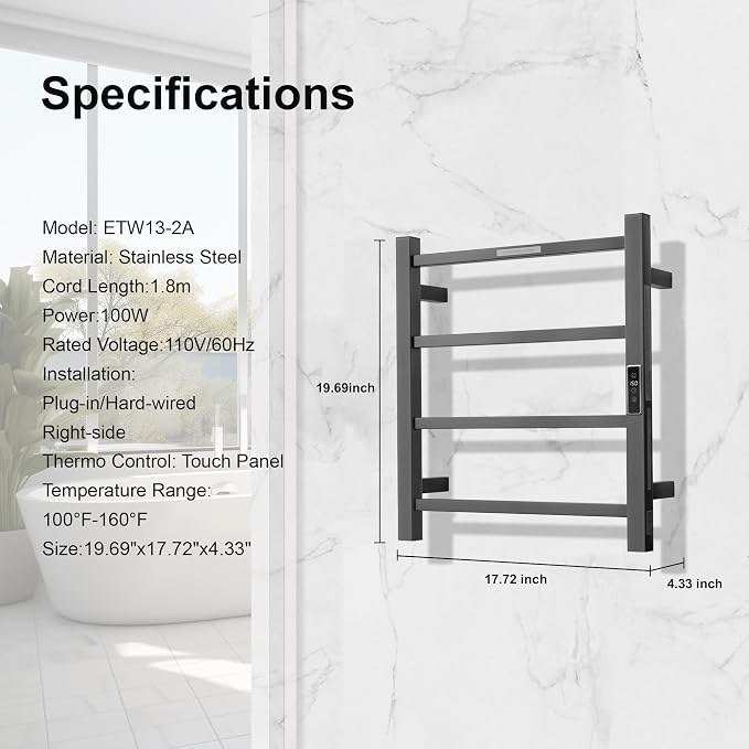 Electric Heated Towel Warmer - Wall Mounted Bathroom Towel Rack, Plug-in Design & Brushed Stainless Steel Finish Gunmetal with Timer & Temperature Control 4 Bar