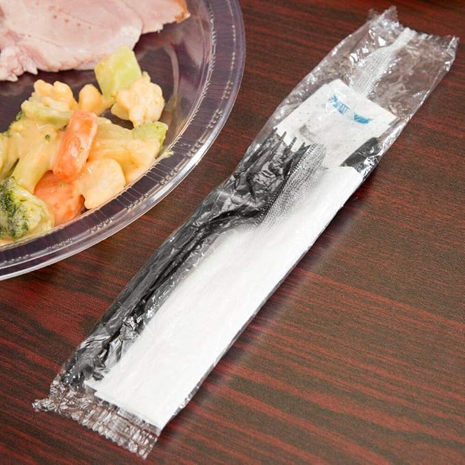 100 Plastic Cutlery Packets - Knife Fork Spoon Napkin Salt Pepper Sets | Black Silverware Sets Individually Wrapped Cutlery Kits, Bulk Plastic Utensil Cutlery Set Disposable To Go Silverware