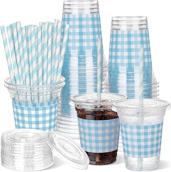 Domensi 25 Sets Blue and White Gingham Plastic Cups with Lids and Paper Straws 12oz Checkered Disposable Drinking Cups Bulk for Cold Drinks Baby Shower Wedding Birthday Summer Party Supplies