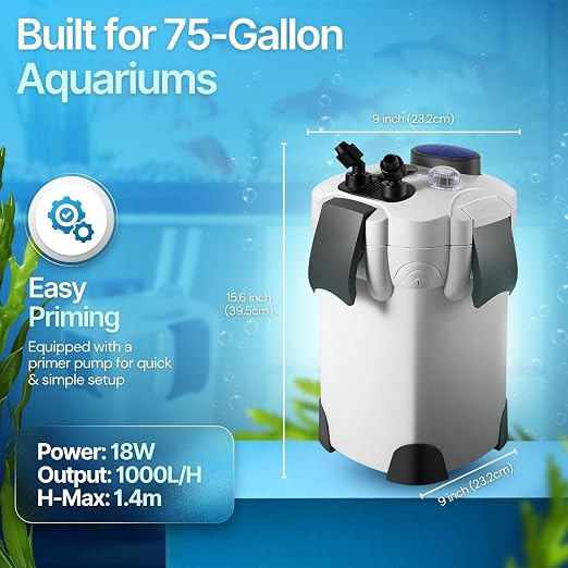 Flexzion Aquarium Canister Filter with 265GPH Flow Rate, Spray Bar, & 3-Stage Media Filtration for up to 75 Gallon Fish Tanks - Ultra-Quiet External Canister Filters for Aquarium