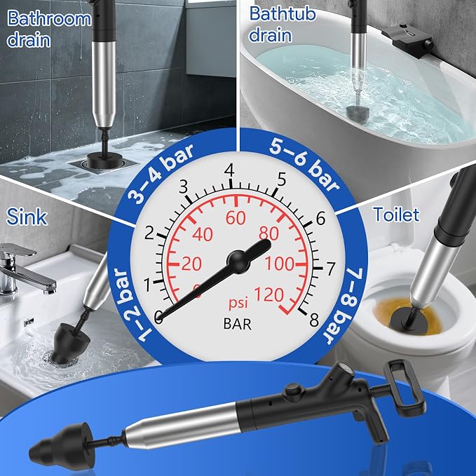 Granarbol Plungers for Bathroom, Toilet Plunger & Air Drain Blaster with Real-Time Gauge,Heavy Duty Toilet Auger & Drain Snake, Clog Remover Tool for Toilets, Sinks, Floor Drains (Black)