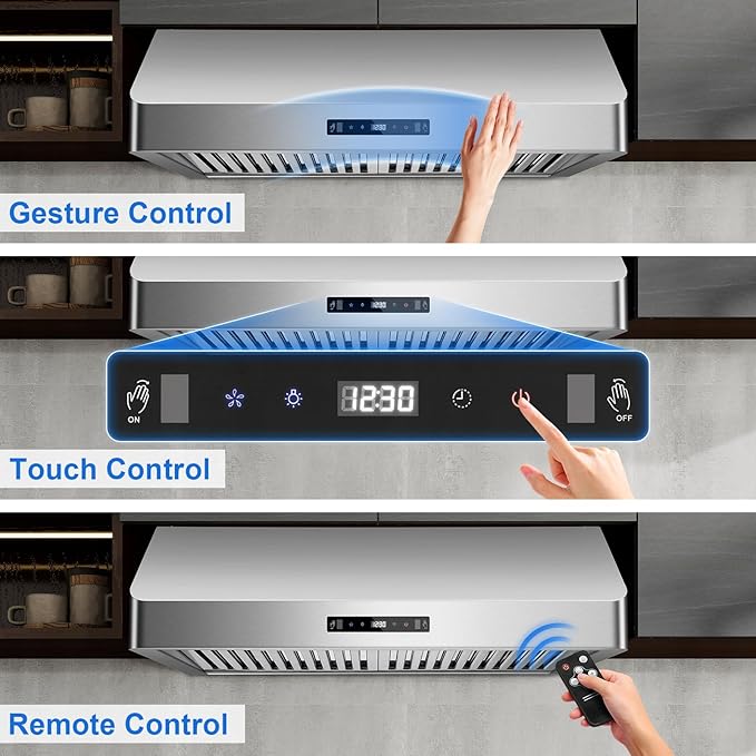 Under Cabinet Range Hood 30 inch, Kitchen Hood 900 CFM Stainless Steel with Gesture & Remote Control, 3-Speed Fan, Time Setting, Dishwasher Safe Baffle Filters, Range Hoods Ductless Convertible Duct