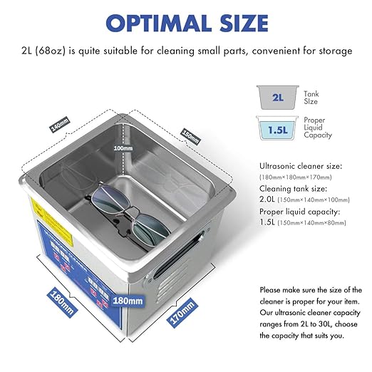 Ultrasonic Parts Cleaner 200W Heated 2L (1.5L liquid capacity) for Small Carburetors Injectors Guns Bullets Brass and Jewelry Professional Stainless Steel Ultrasonic Bath Upgrade