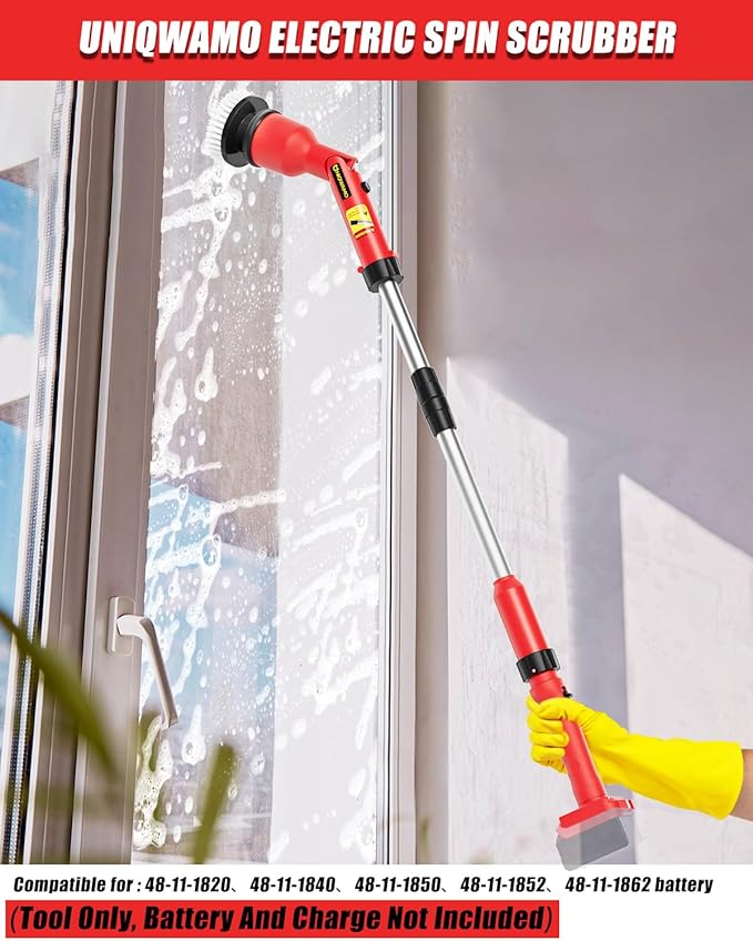 Uniqwamo Electric Spin Scrubber Compatible for Milwaukee 18V Battery(Battery NOT Included), 1000 RPM Battery Powered Scrubber with Adjustable Extension Arm & 8 Brushes & Gloves for Tub/Tile/Floor