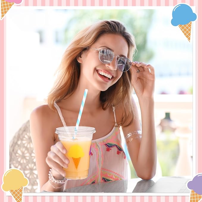 Blushtier 300 Pcs Ice Cream Disposable Plastic Cups with Lids and Straws 12oz Ice Cream Party Favors Clear Cold Drinking Cups Birthday Drinkware Set for Party Supplies