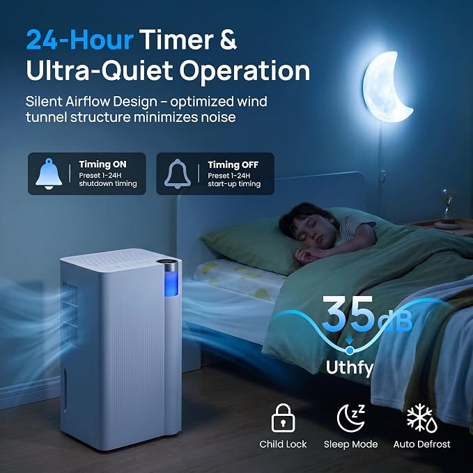 Uthfy 2000 Sq. Ft Dehumidifier for Basement, Max 24 Pint/Day Dehumidifier for Home with Drain Hose, 24H On/Off Timer, 3 Color Ambient Light, Child Lock,Auto Deforest, Quiet for Bedroom,Bathroom,Office