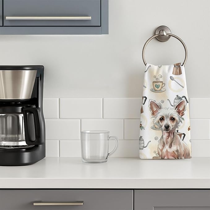 Caroline's Treasures Hairless Chinese Crested Coffee Bar Kitchen Towel Velour Plush Front and Cotton Loop Back Machine Washable