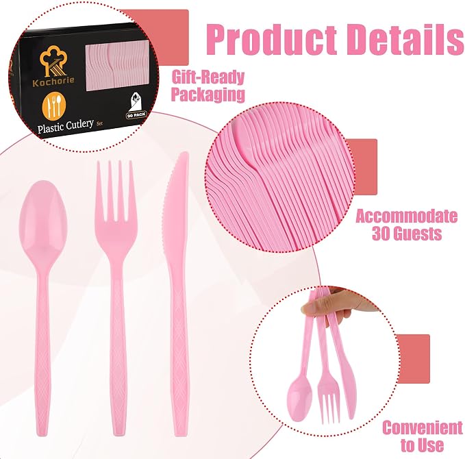 Kochorie 90 Pieces Pink Plastic Cutlery Set Disposable Plastic Utensils Heavy Duty Flatware Set Includes 30 Knives 30 Forks 30 Spoons for Party Wedding Birthday