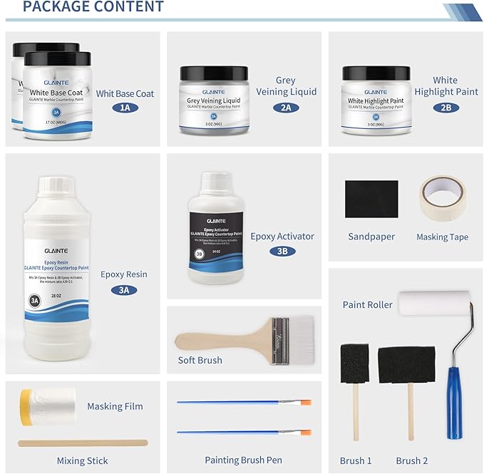 GLAINTE White Marble Countertop Paint Kit - Epoxy Countertop Refinishing Kit for Kitchen Bathroom Cover 35-38 Sq.Ft
