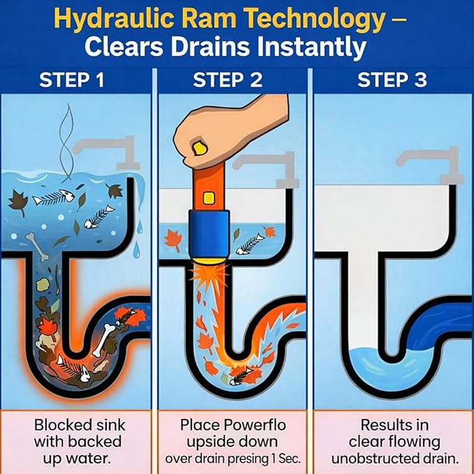 Powerflo Instant Drain Opener, Non-Chemical Hydraulic Action Clears Clogs Fast, Works on All Drain Sizes, Safe for Plumbing & Vents, Powerful solution with 22 applications (Pack of 2)