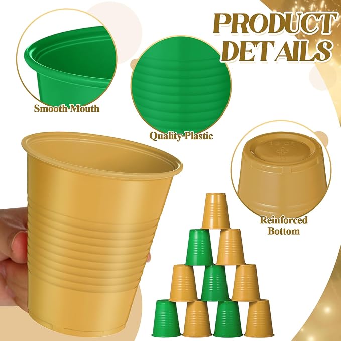 Funnymoom 100 Pcs Green and Gold Disposable Plastic 12 oz Party Drinking Cups Green Gold Graduation Water Beverage Cups for Barbecues Picnics Festival Birthday Party Supplies