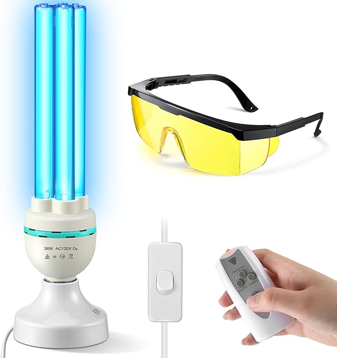 Qualirey 36 Watts UVC Ozone Light with Remote Control and UV Glasses, UV Lamp with E26 Base, 3 Gear Timer 15/30/60 Minutes, UVC Light Bulb for Basement, Bedroom, Kitchen, Storehouse, Car