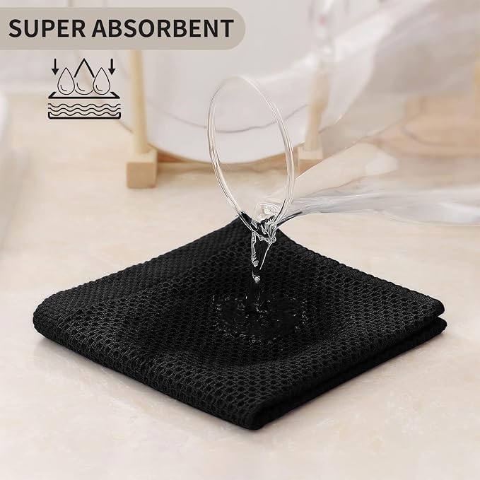 Kitinjoy 100% Cotton Kitchen Dish Cloths (12 X 12 Inches, Black), 8 Pack Waffle Weave Ultra Soft Absorbent Dish Towels for Drying Dishes Quick Drying Kitchen Towels Dish Rags