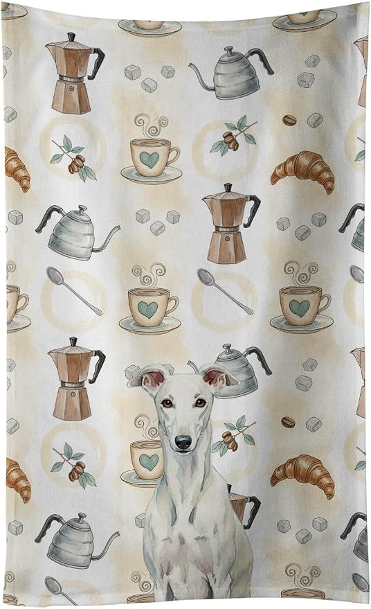 Caroline's Treasures White Greyhound Coffee Bar Kitchen Towel Velour Plush Front and Cotton Loop Back Machine Washable