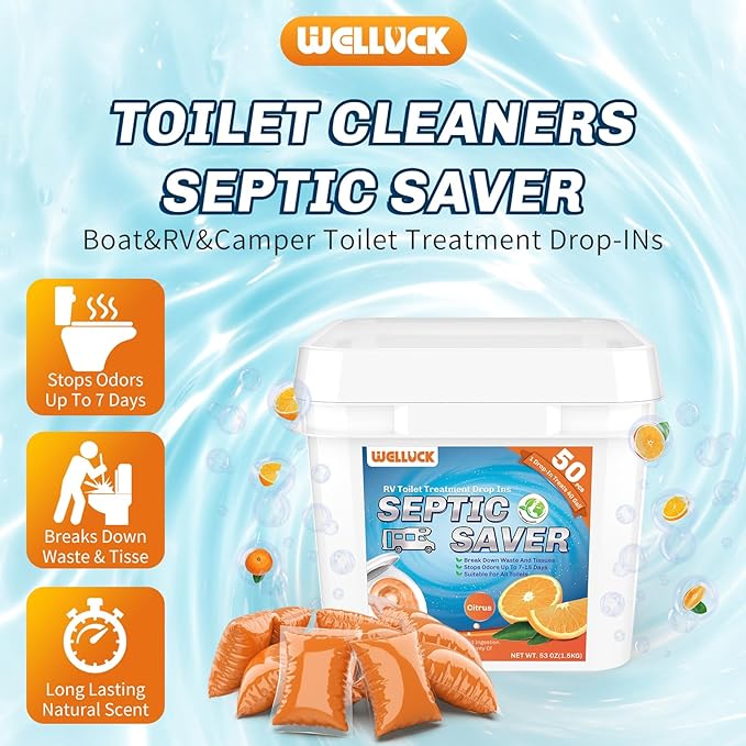 WELLUCK RV Toilet Treatment Drop-Ins, 50 Pack - 50 Week Supply Black Tank Deodorizer | Breaks Down Waste & Tissue | Septic Safe Treatment for RV, Camper, Marine Toilet | Citrus Scents