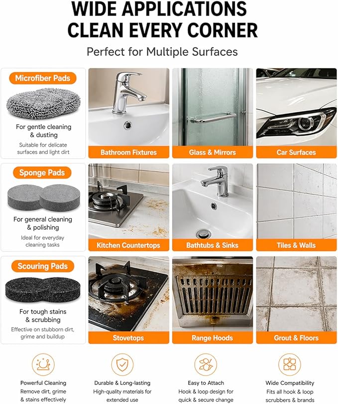 Electric Spin Scrubber,Power Shower Scrubber with 6 Replaceable Brush Heads,120 Mins Runtime Cleaning Brush with Adjustable Extension Arm with 6 Additional Spong scouring Fiber pad