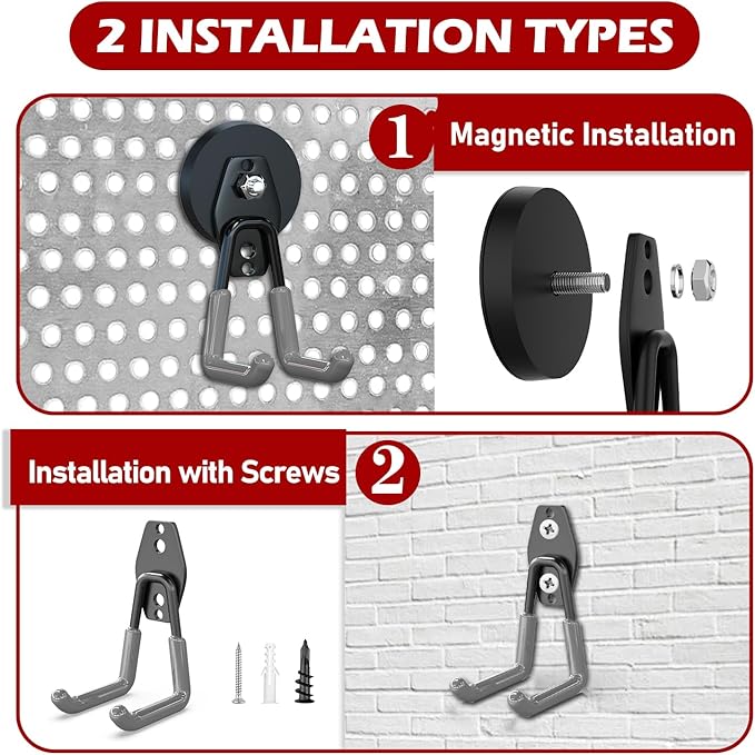 3-H Extra Strong Magnetic Hooks,Heavy Duty Large Anti-Slip Magnet Hooks,No-Drill Tool Holder for Garage,Power Drill,Garden Tools,Hose Storage,4 Pack Gray