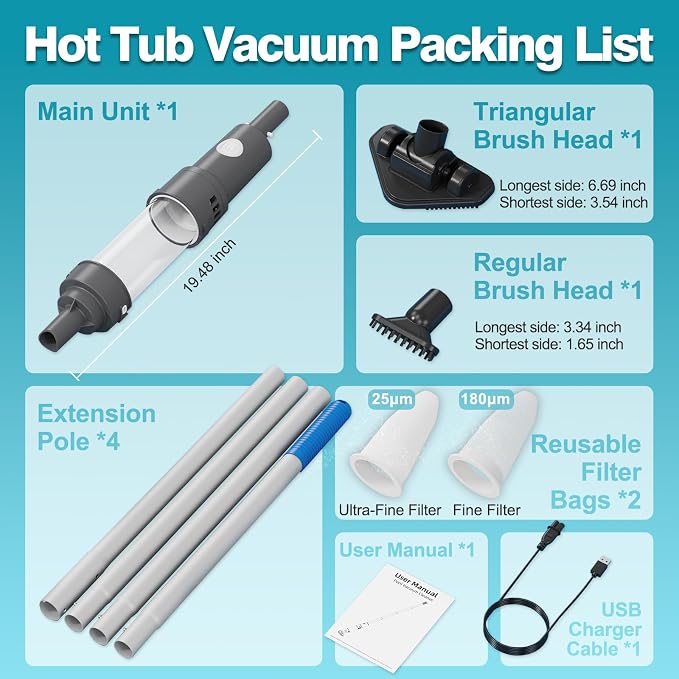 3 in 1 Cordless Spa Hot Tub Vacuum, Handheld Pool Vacuum for Small Above Ground Pool with 2 Brush Heads & 2 Filter Bags, 12 GPM Suction, 66.14" Pole, Rechargeable, 60min, One Click Activation