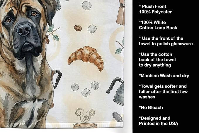 Caroline's Treasures Brindle Mastiff Coffee Bar Kitchen Towel Velour Plush Front and Cotton Loop Back Machine Washable