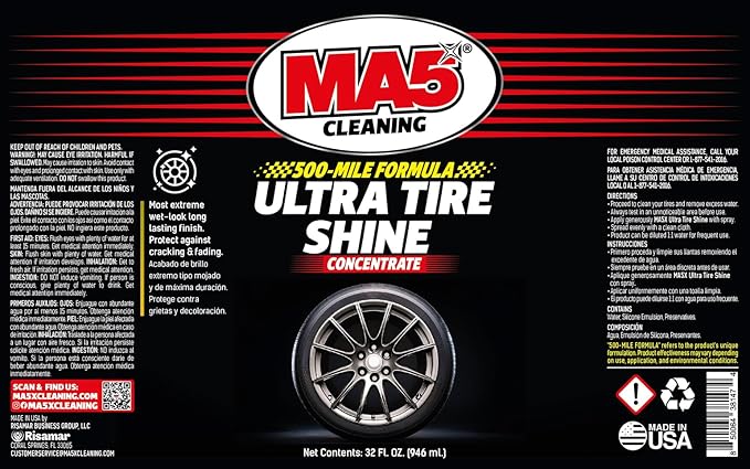 MA5X Ultra Tire Shine | Wet-Look Car Tire Shine Spray & Protectant | Tire Black Finish, No-Sling Formula, Professional Concentrated Shine | 32oz Spray Bottle | Pack of 2