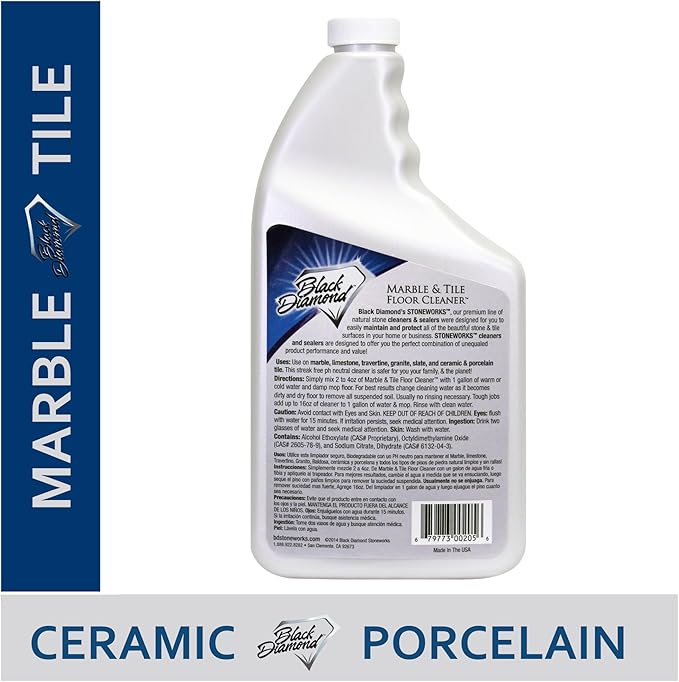 Black Diamond Stoneworks Marble & Tile Floor Cleaner Concentrate, pH Neutral, Streak-Free & No-Rinse Formula for Granite, Travertine, Limestone, Slate, Ceramic & Porcelain Floors (1 Quart)