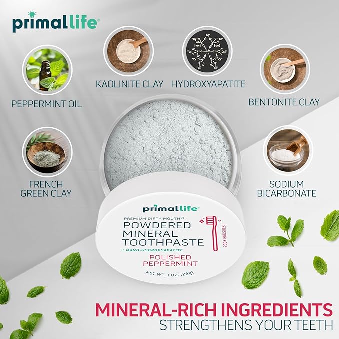 Primal Life Organics - Dirty Mouth Toothpowder, Tooth Cleaning Powder, Flavored Essential Oils with Natural Kaolin & Bentonite Clay, Good for 200+ Brushings, Paleo, Organic, Vegan (Peppermint, 1 oz)
