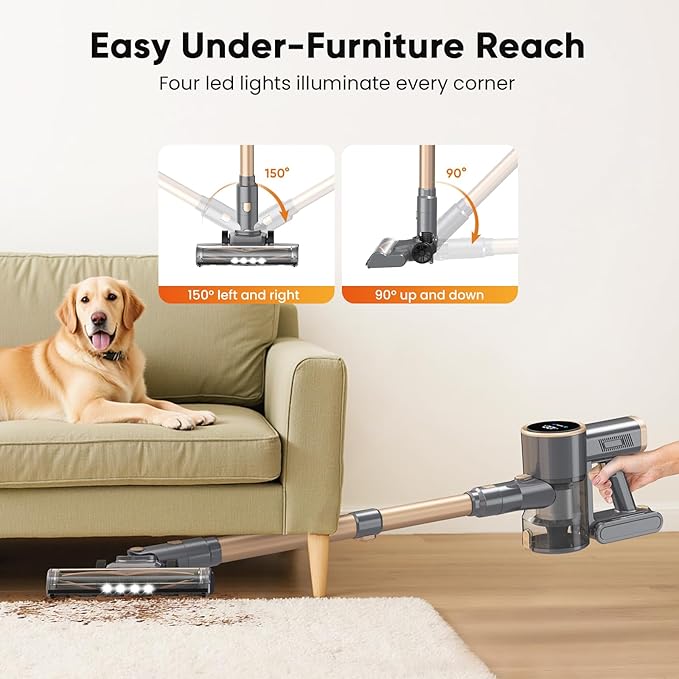 N12S Cordless Vacuum Cleaner, 30KPa Powerful Vacuum with 60 Mins Runtime, Self-Standing, LED Display, Rechargeable Lightweight Handheld Vacuum Cleaners (Gold)