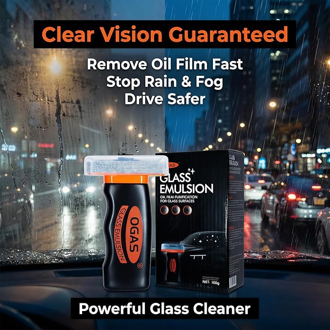 Car Window Cleaner and Windshield Oil Film Remover with Built-in Applicator, Auto Glass Cleaner Emulsion for Water Spots, Rain Repellent and Anti-Fog, Streak Free Crystal Clear View