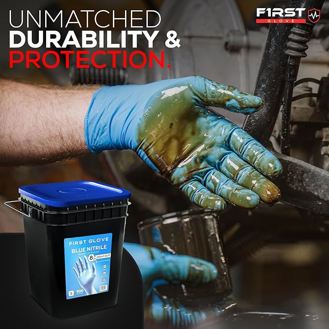 First Glove Nitrile 8 Mil Bucket Fully Textured Blue Gloves - Heavy Duty Gloves for Industrial & Automotive Work 500ct