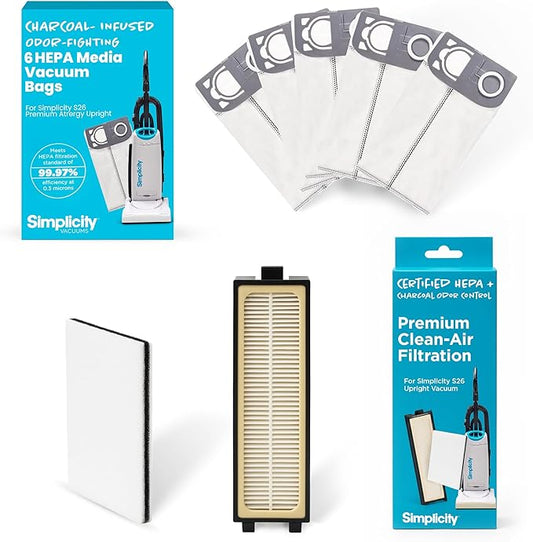 "Simplicity Vacuums Certfied HEPA Vacuum Cleaner Bags & Filter Media Set for (S26HC-6) S26 Premium Allergy Upright Vacuum, Charcoal-Infused Lining, 5-Layer Cloth Filtration, Self-Sealing, Pack of 6 "