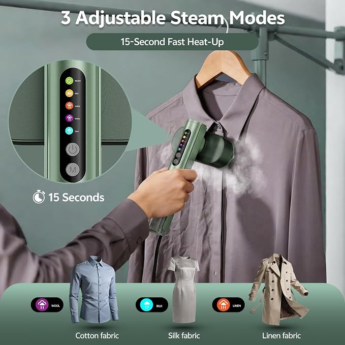 Travel Steamer for Clothes, Dual Voltage 100-240V Portable Garment Steamer, 2-in-1 Steamer & Iron, 15s Fast Heat-Up Quick Wrinkle Removal, Compact Steamer for Travel & Home (Green)