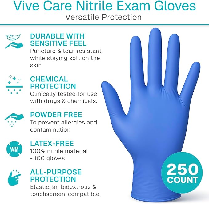 Vive Powder Free Nitrile Exam Gloves - Blue, Disposable, Latex-Free - For Medical Exams