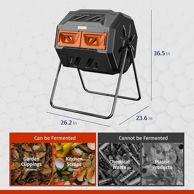 East Oak Compost Tumbler Outdoor, 43-Gal Dual Chamber Compost Bin with 2 Sliding Door and Aeration System, Tumbling Rotating Composter Bin for Garden, Kitchen, Yard
