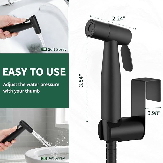 Matte Black Handheld Bidet Sprayer for Toilet, Solid Brass T-Valve & Stainless Steel Hose, Adjustable Pressure Cloth Diaper Sprayer Kit for Modern Bathroom (Easy Install)