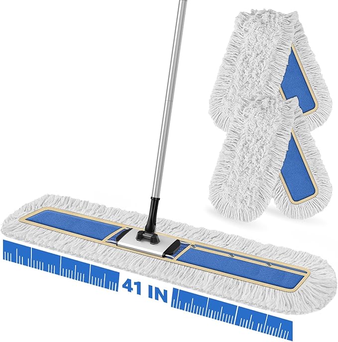 41" Commercial Dust Mop: Large Push Broom Wide Industrial Heavy Duty Hardwood Dry Sweeping Mop with 2 Pads Long Handle for Janitor Indoor Warehouse Gym Cleaning