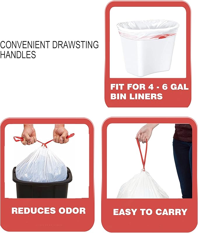 BEIDOU-PAC Trash Bags 4-6 Gallon Drawstring, 75 Count Garbage Bags, Medium Kitchen Trash Bags, Odorless & Heavy Duty White Plastic Food Scrap Bags for Bathroom Bedroom Office Waste