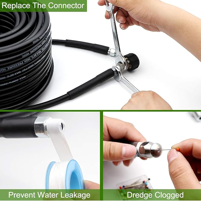 70FT Sewer Jetter Kit for Pressure Washer, 5800PSI Drain Cleaner Hose 1/4 Inch NPT, Corner, Rotating and Button Nose Sewer Jetting Nozzle Waterproof Tape Pearl Corsage Pin with 2Pcs Spanner