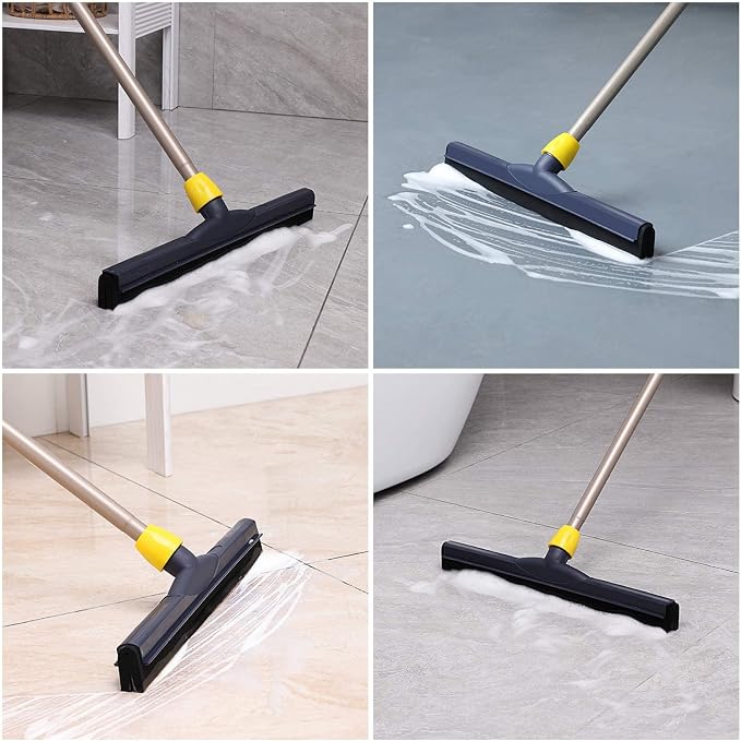 Yocada Floor Squeegee Scrubber and Floor Scrub Brush Set Telescopic Handle for Garage Courtyard Shower Bathroom Pet Hair Fur Floor Marble Glass Tile Water Foam Cleaning
