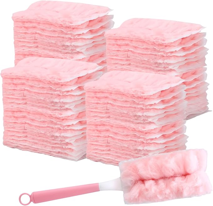 Mifoci 60 Count Pink Duster Refills Compatible with Swiffer Handle, Disposable 360° Multi-Surface Electrostatic Dusting Pads with 1 Handle Cleaner Kit for Blinds Ceiling Fans Furniture Cleaning