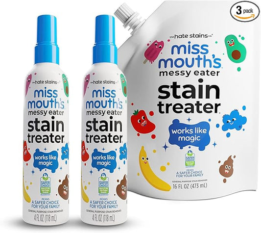 Miss Mouth's Messy Eater Stain Treater - 4oz 2-Pack Spray & 16oz Refill Pouch - Laundry Spot Cleaner for Baby Clothes, Carpet & Fabric
