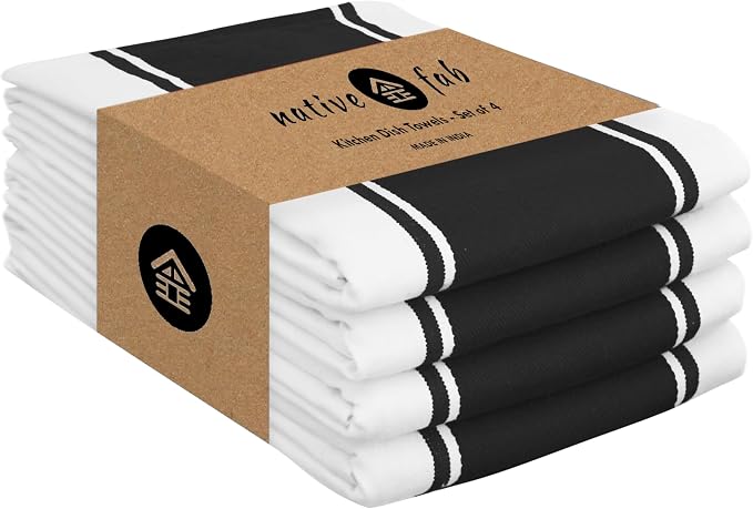 Native Fab Wide Striped Kitchen Towels - 18x28 Inch, 4 Pack Dish Towel Set, Highly Absorbent, Quick Drying, Cotton Dish Cloths for Dish Drying, Hand Wiping, and Counter Cleaning - Black