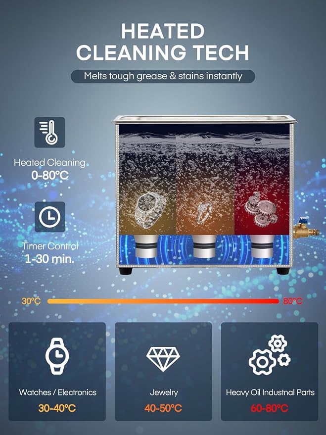 Ultrasonic Cleaner with Heater and Timer, Stainless Steel Ultrasonic Washing Machine, Professional Sonic Cleaning for Parts, Bike Chain, Metal Engine Parts, Gun (6.5L)