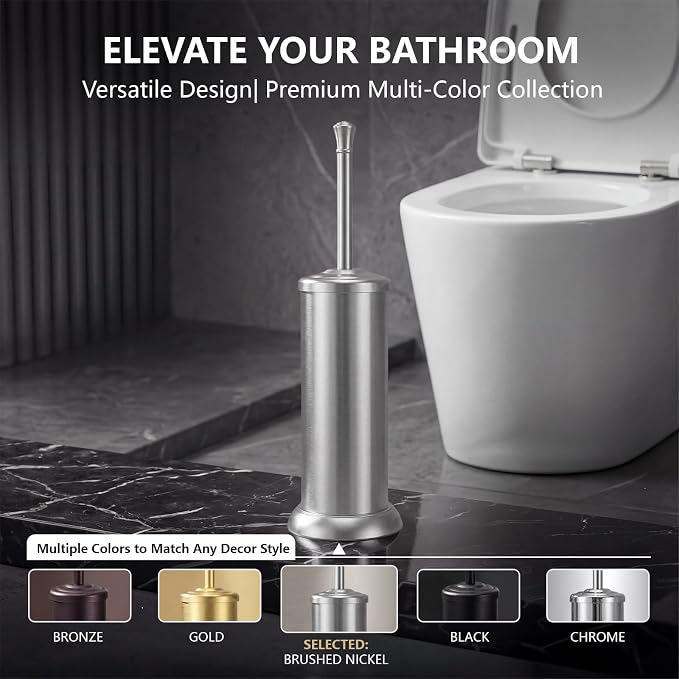 Toilet Brush and Holder Set,304 Stainless Steel Heavy Duty Toilet Brush,Extra Long Handle Toilet Bowl Brush and Holder for Bathroom,Durable,Deep Cleaning,Extra Dense Bristles (Brushed Nickel)